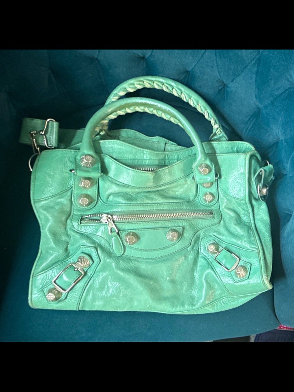 Balenciaga Green Leather Satchel Handbag